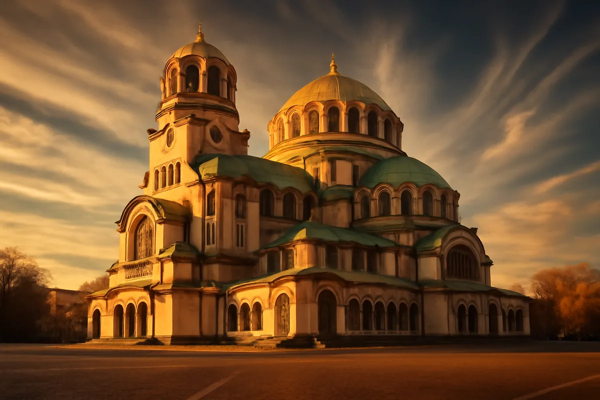 The Alexander Nevsky Cathedral in Sofia, Bulgaria, with its golden domes reflecting warm sunlight against a dramatic sky, surrounded by a cobblestone plaza in autumn tones.