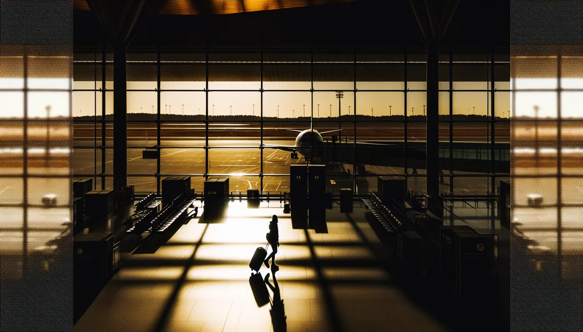 Traveler silhouette walking through modern airport terminal with airplane visible through large windows during golden hour
