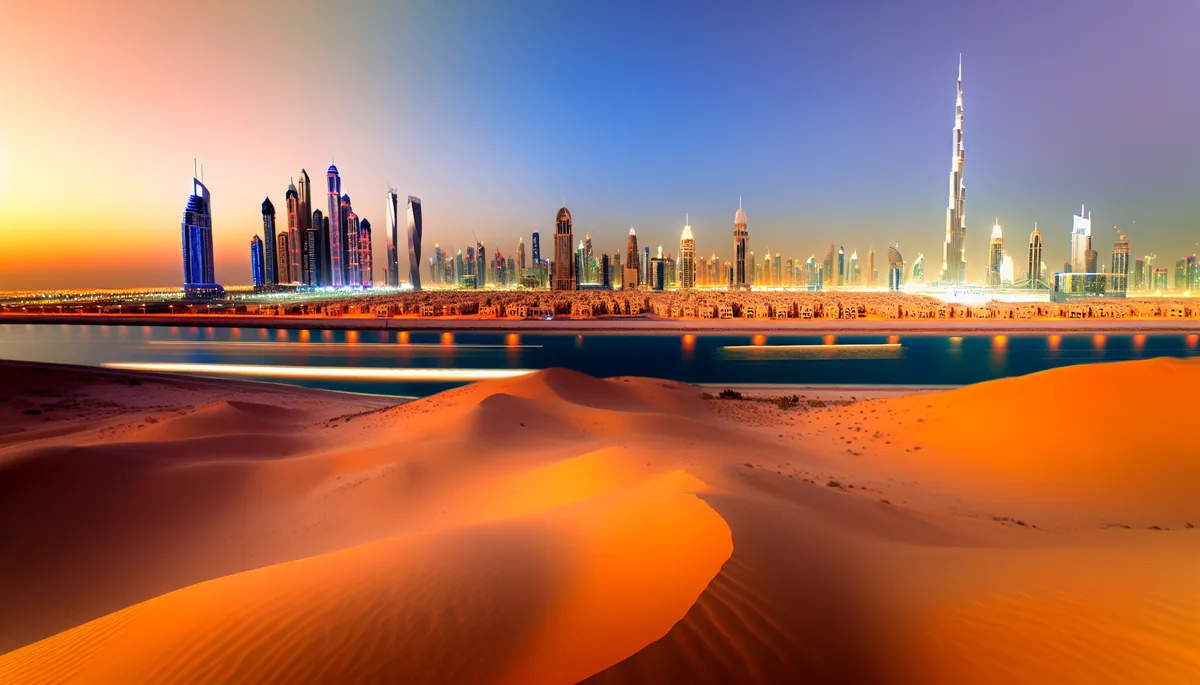 Stunning Dubai skyline at sunset featuring the Burj Khalifa and modern skyscrapers rising from golden desert dunes