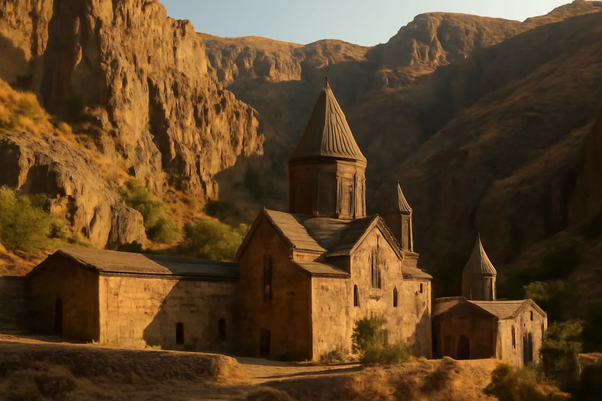 Ancient Armenian monastery built into rocky mountainside cliffs with traditional stone architecture bathed in golden sunlight
