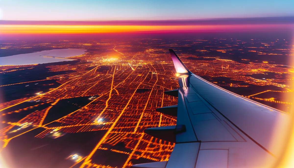 Aerial view from airplane window showing city lights and golden sunset sky during international travel