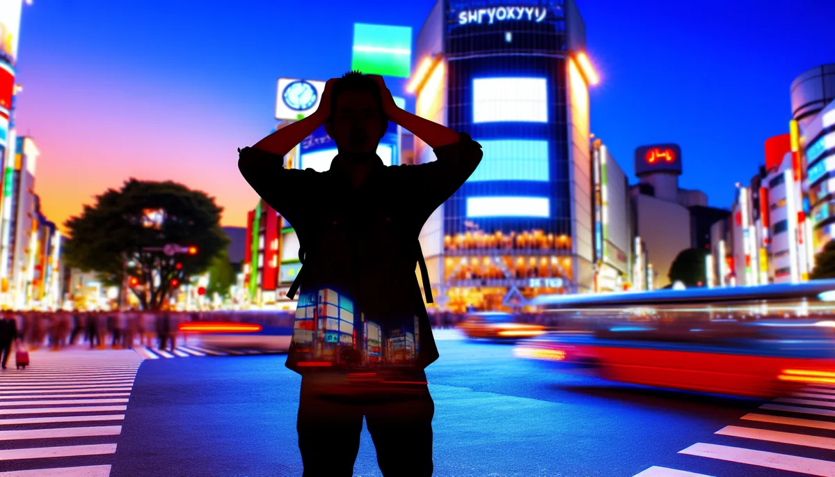 Silhouette of a traveler standing overlooking the famous Shibuya crossing in Tokyo at dusk with colorful city lights