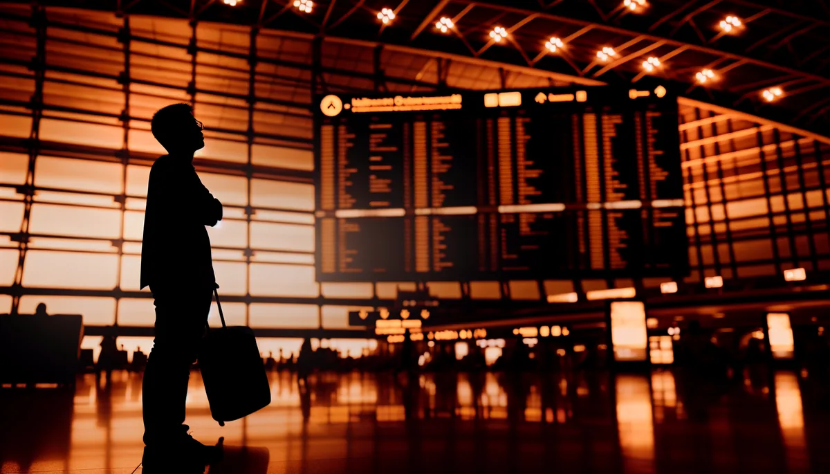 Silhouette of a traveler standing in an airport terminal with departure boards and ambient lighting in the background