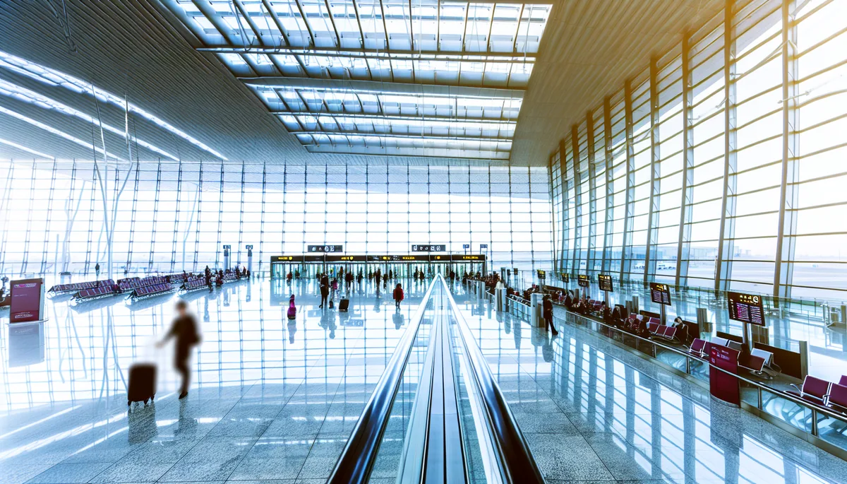 Modern airport terminal interior with travelers walking through departure area, featuring contemporary glass architecture and bright natural lighting