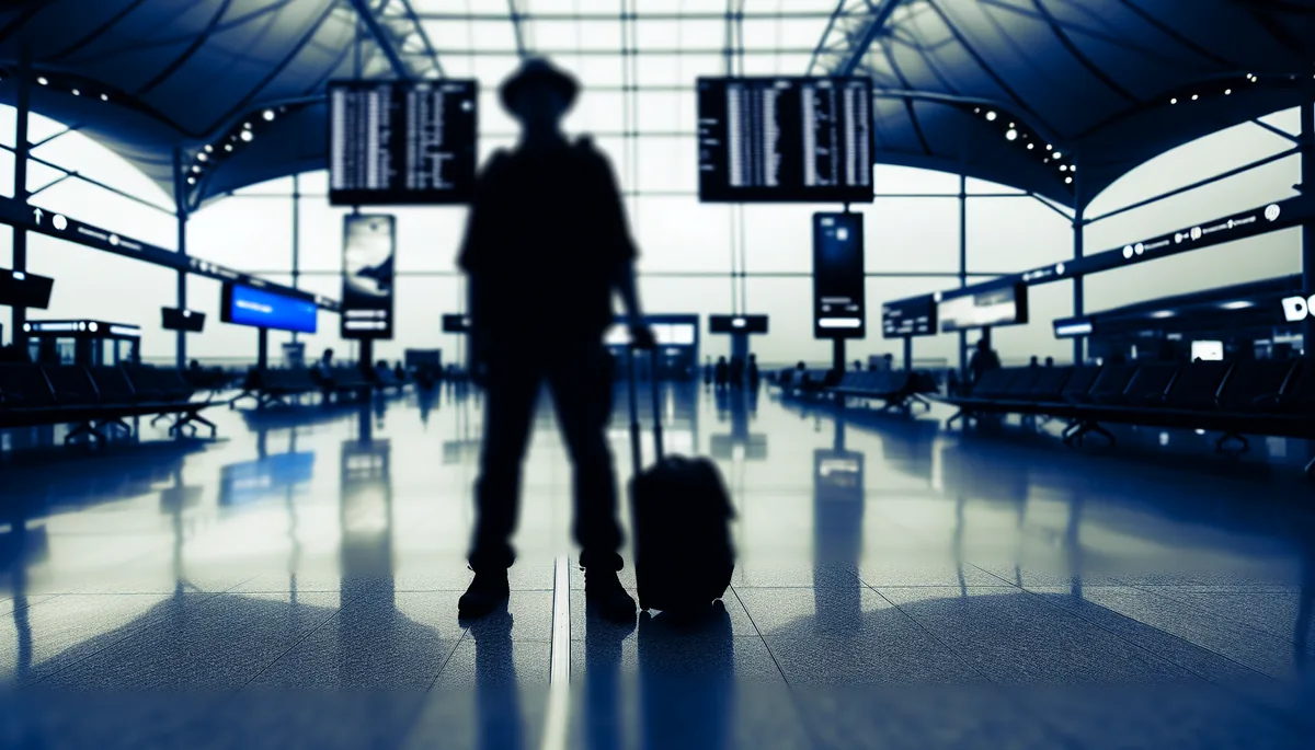 Silhouette of a traveler standing in a large airport terminal with departure gates and signs blurred in the background, conveying the challenges of international travel