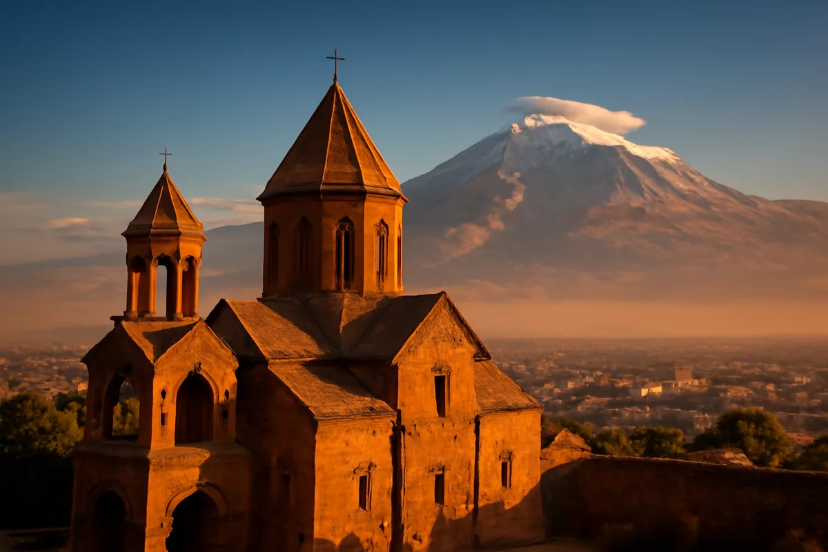 Ancient Armenian church with traditional conical domes overlooking Yerevan city with mountains in the background during golden hour