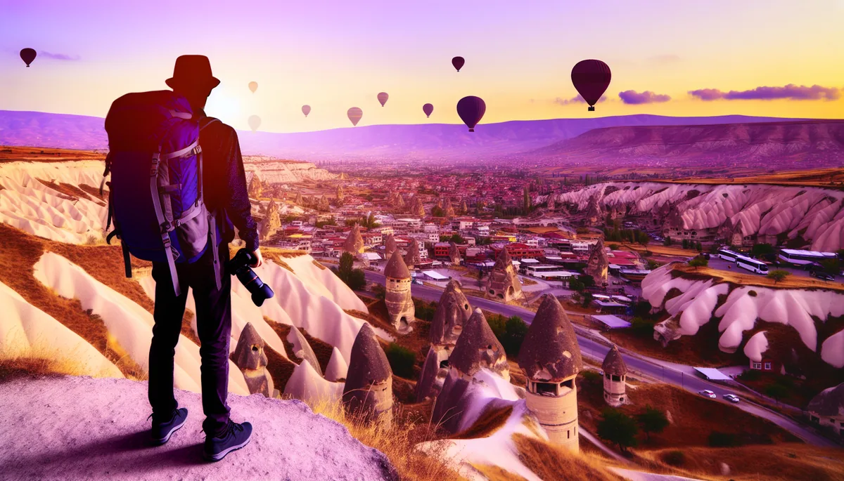 Traveler's silhouette overlooking the scenic Cappadocia landscape with fairy chimneys and hot air balloons at golden hour
