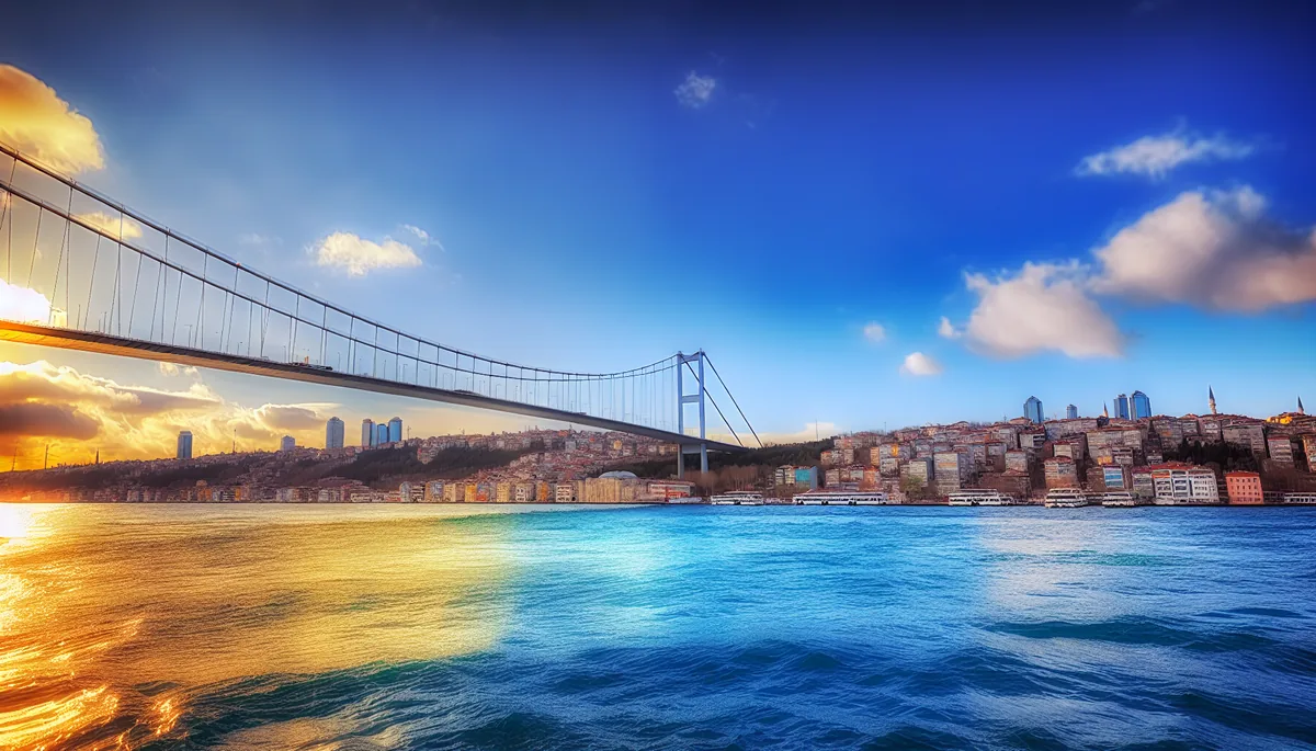 Panoramic view of Istanbul skyline showing the Bosphorus Bridge connecting European and Asian sides of the city during golden hour