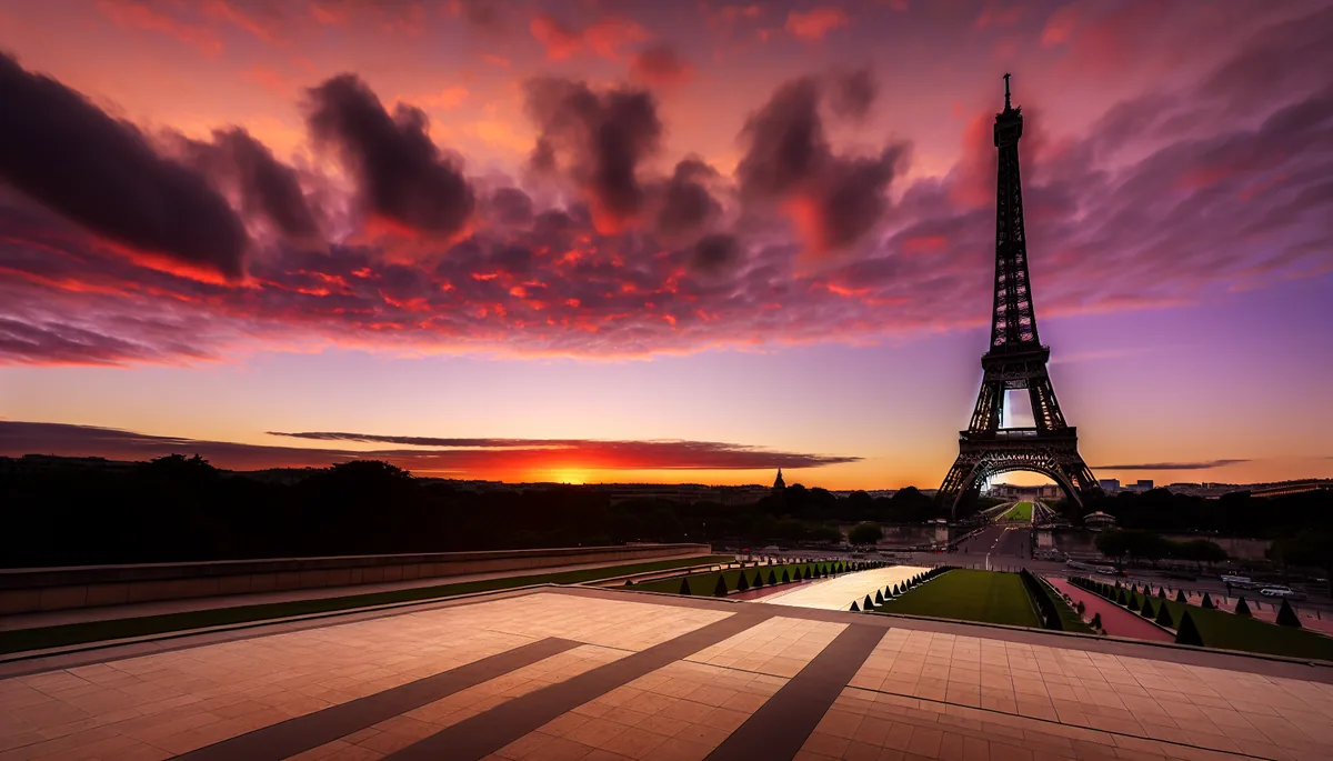 Golden hour view of the Eiffel Tower in Paris with dramatic sunset sky and garden pathways in the foreground