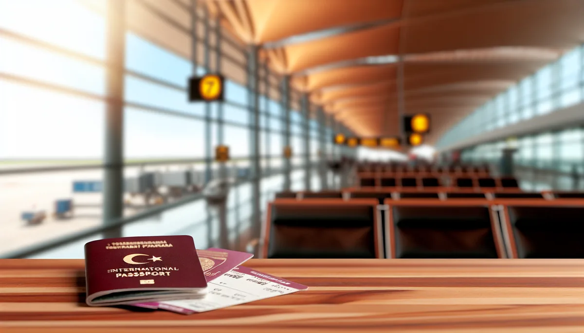 Turkish passport and boarding passes on a wooden table at an airport terminal with departure gates in the background