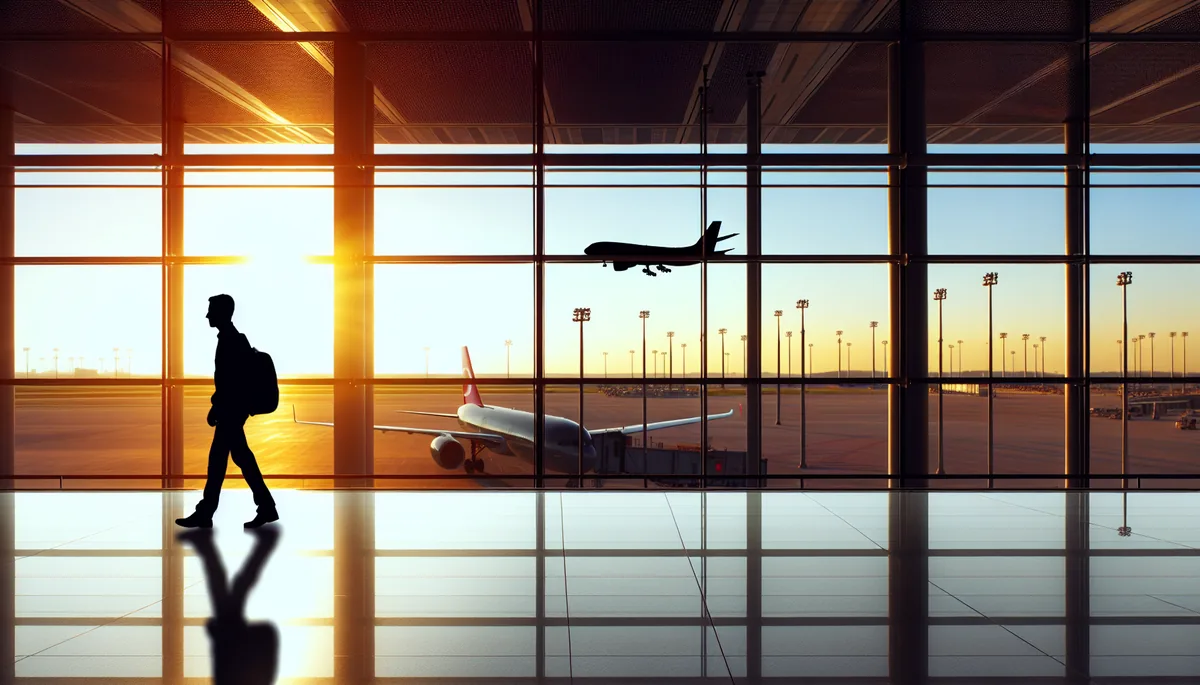 Silhouette of a traveler walking through a bright, modern airport terminal with large windows showing aircraft outside during golden hour
