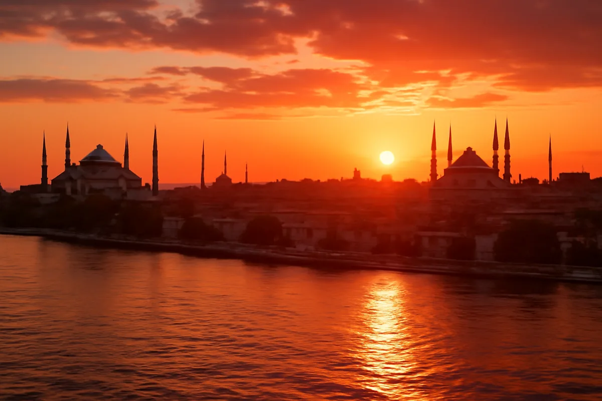 Aerial panoramic view of Istanbul's skyline at sunset, with the Bosphorus strait reflecting golden light and historic minarets rising against a colorful evening sky.