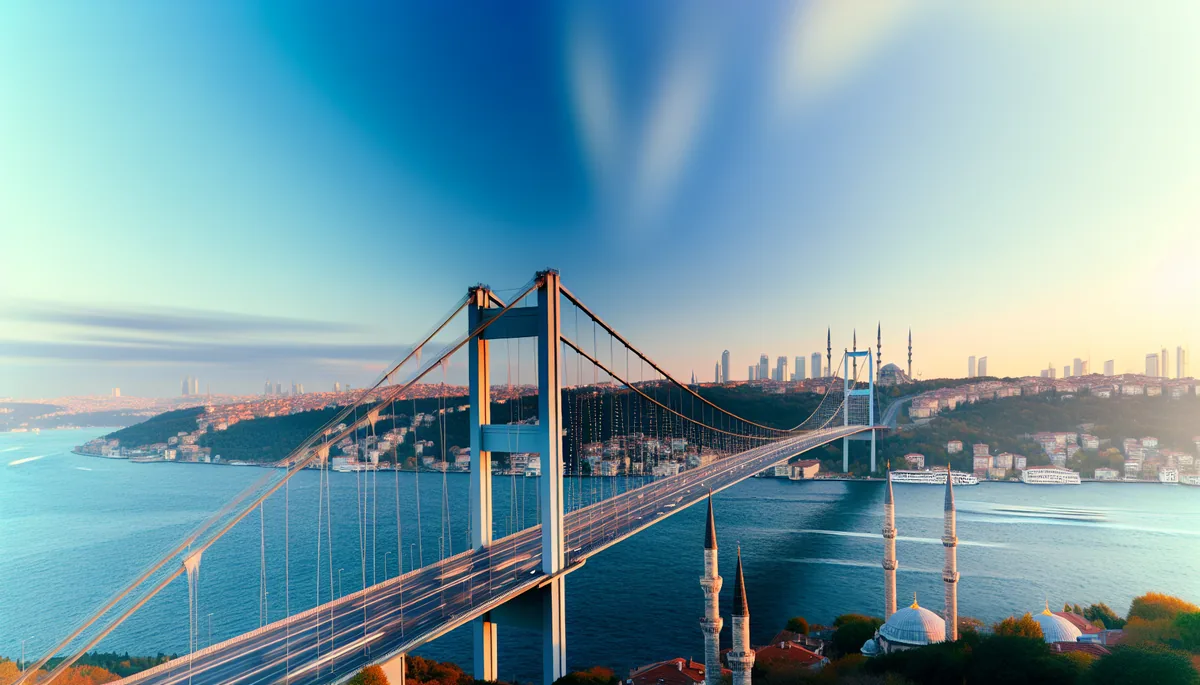 Panoramic view of Istanbul's Bosphorus Bridge at golden hour, symbolizing connection between continents with city skyline in background