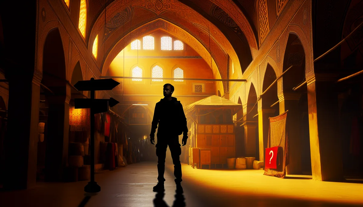 Silhouette of a traveler standing at a crossroads in a traditional Turkish bazaar with golden sunlight and ornate architecture
