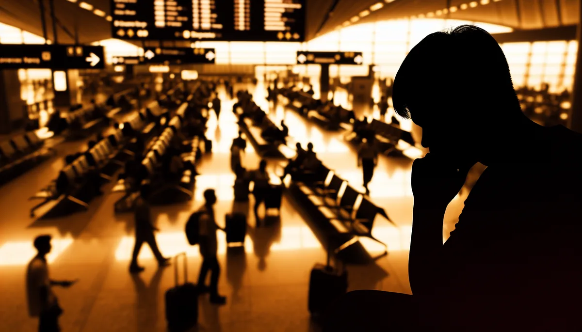 Silhouette of a traveler sitting in an airport terminal with blurred departure boards and other passengers in the background, conveying the stress of travel connectivity issues