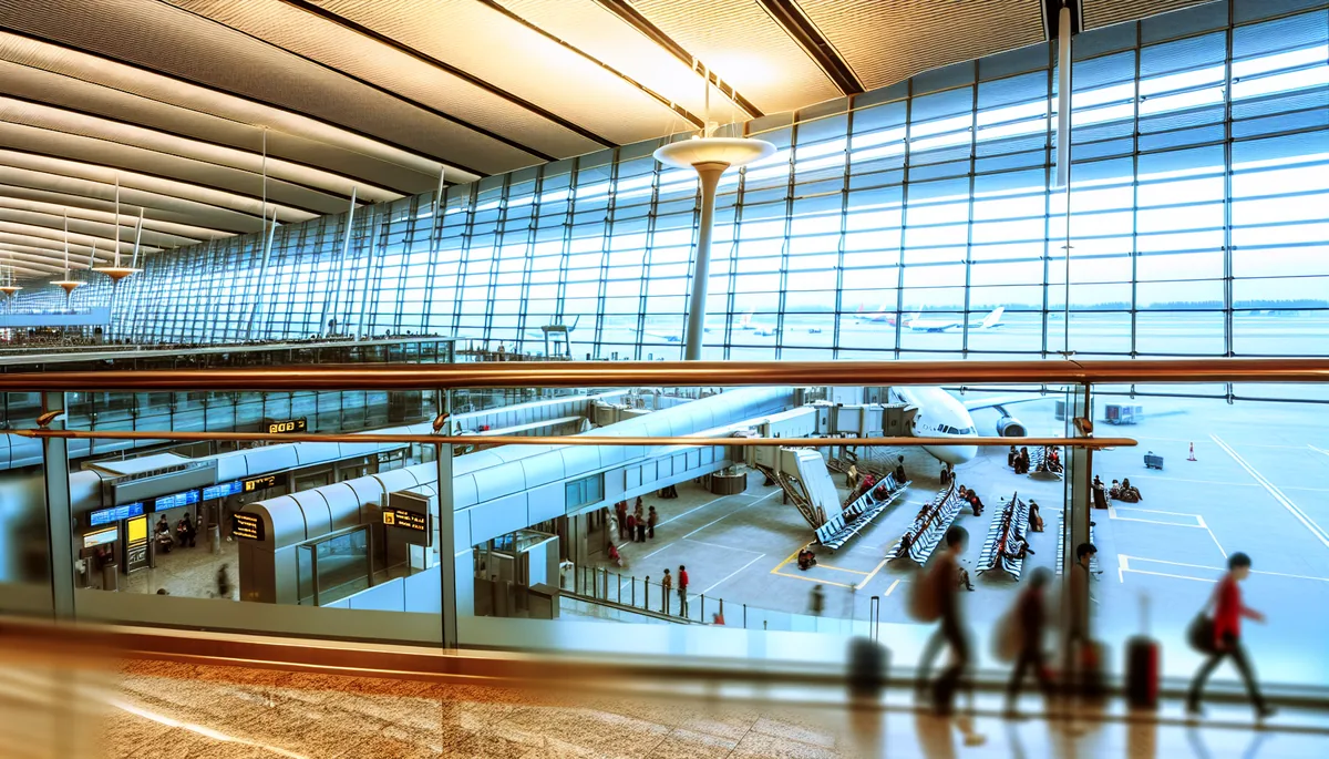 Modern airport terminal with travelers walking through departure area, featuring large windows and contemporary architecture