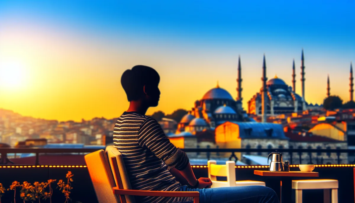 Silhouette of a person sitting at a cafe terrace overlooking Istanbul's Bosphorus strait with historic mosques and minarets in the background during golden hour