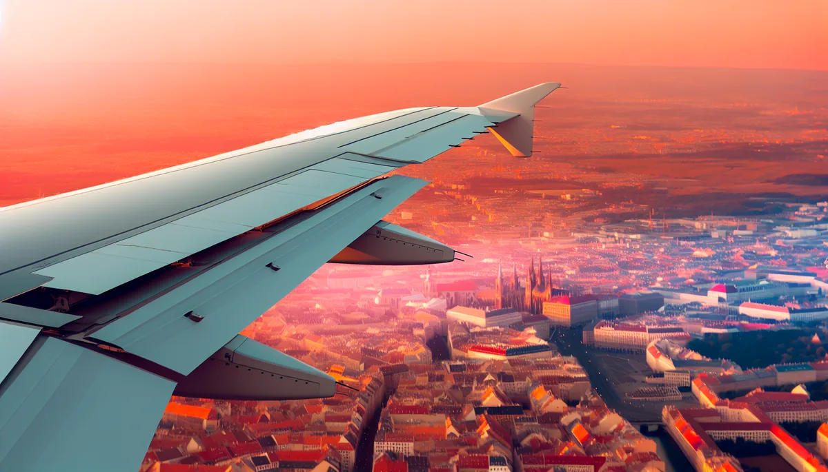 Aerial view from airplane window showing a European city landscape during golden hour with warm lighting