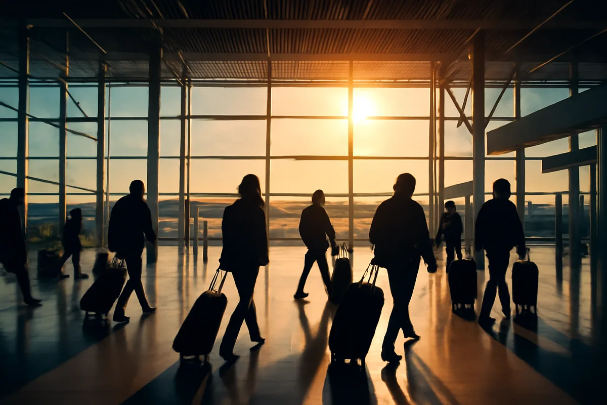 A wide-angle view of a modern international airport terminal bathed in golden light, with silhouetted travelers walking toward departure gates and planes visible through large windows on the tarmac.