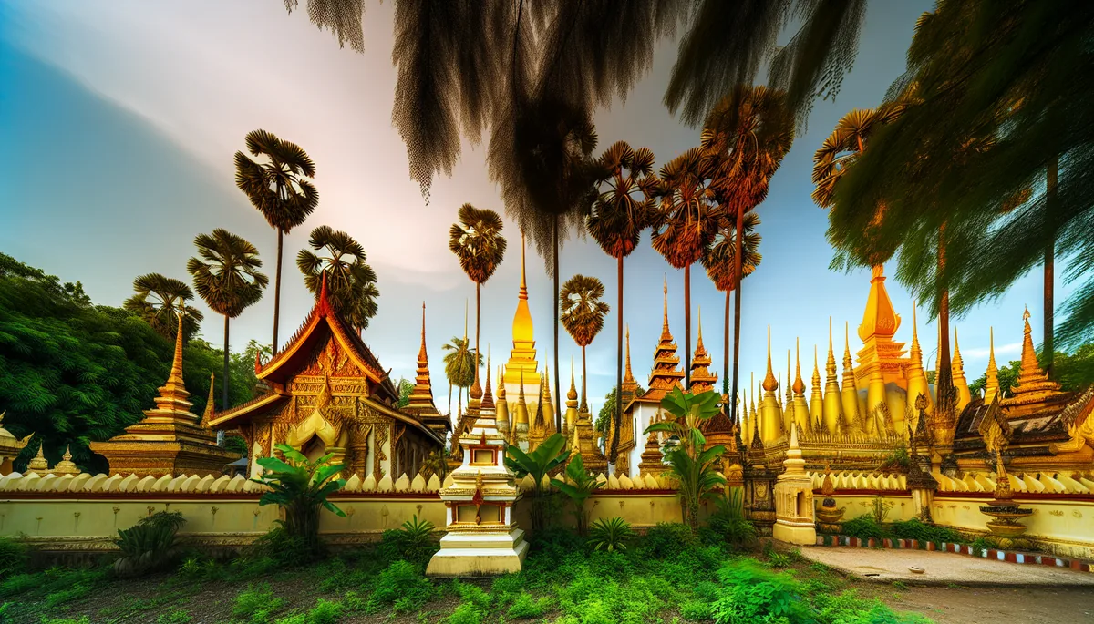 Golden Buddhist temple with ornate spires surrounded by tropical greenery in warm evening light