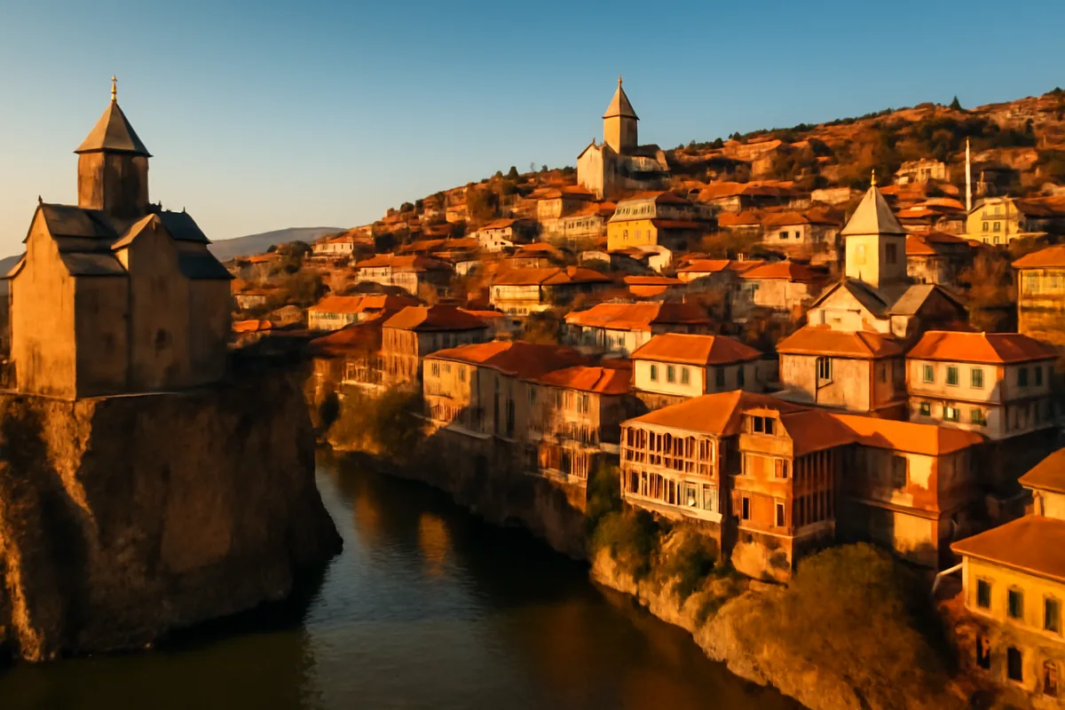 Panoramic golden hour view of Tbilisi's old town with historic churches, traditional wooden balconied houses, and the Kura River winding through the city below