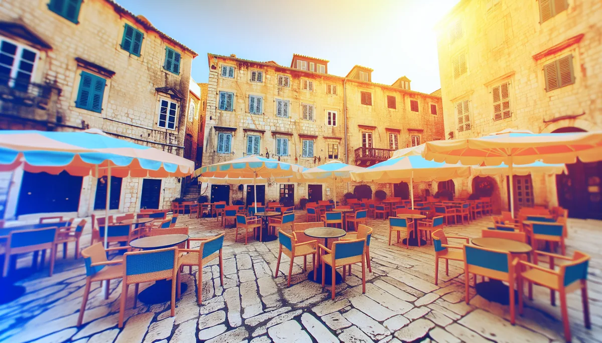 A picturesque European town square with historic buildings, outdoor café seating, and warm golden lighting creating an inviting weekend getaway atmosphere
