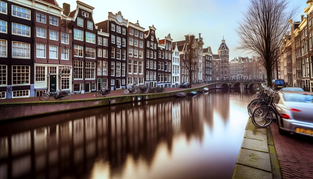 Picturesque Amsterdam canal lined with traditional Dutch houses, their colorful facades reflecting in the peaceful water, with vintage bicycles parked along the cobblestone street