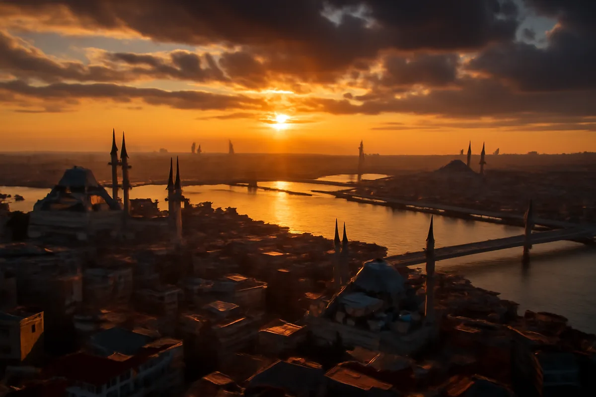 Aerial panoramic view of Istanbul at golden hour, with the Bosphorus strait reflecting warm sunlight and the city's iconic skyline of mosques and bridges stretching into the horizon.