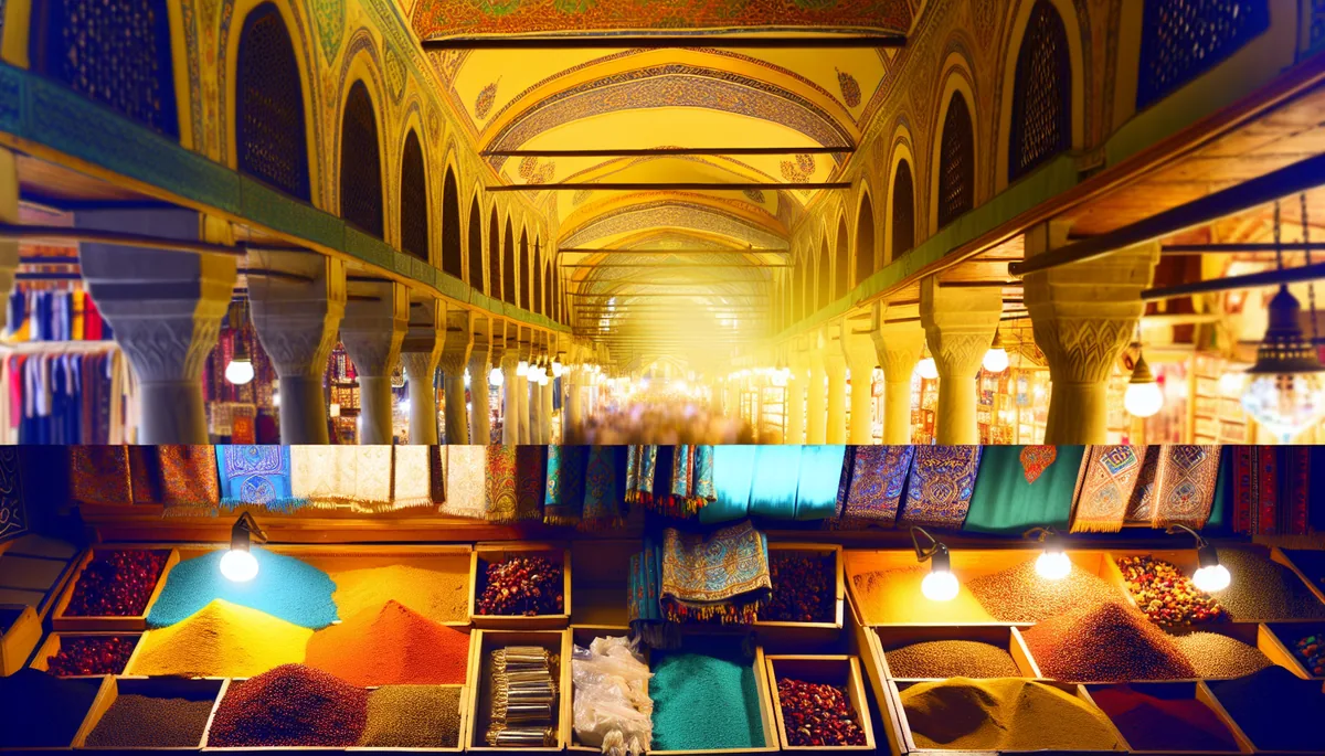 A vibrant Turkish marketplace with colorful spices, textiles, and traditional Ottoman architecture bathed in warm golden light