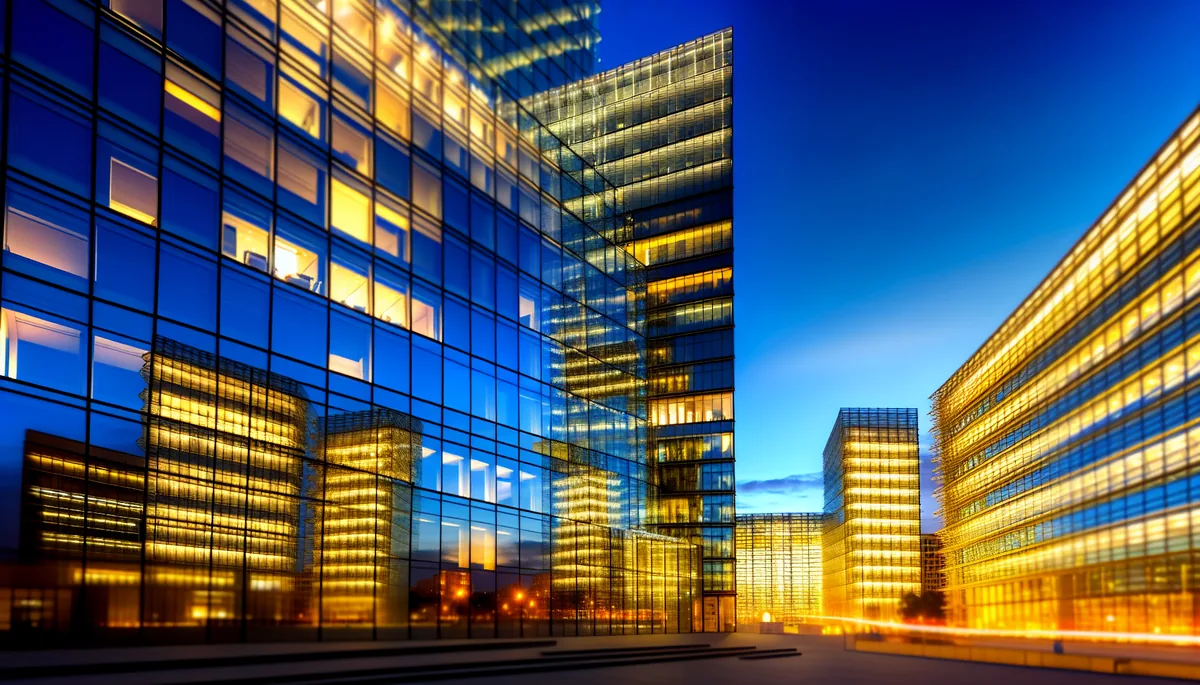 Modern glass skyscrapers in a corporate business district at twilight with warm golden lighting reflecting off the building surfaces
