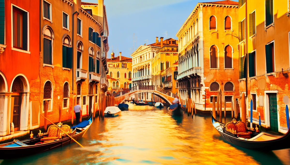 Scenic view of a Venice canal with gondolas floating past historic Italian buildings during golden hour