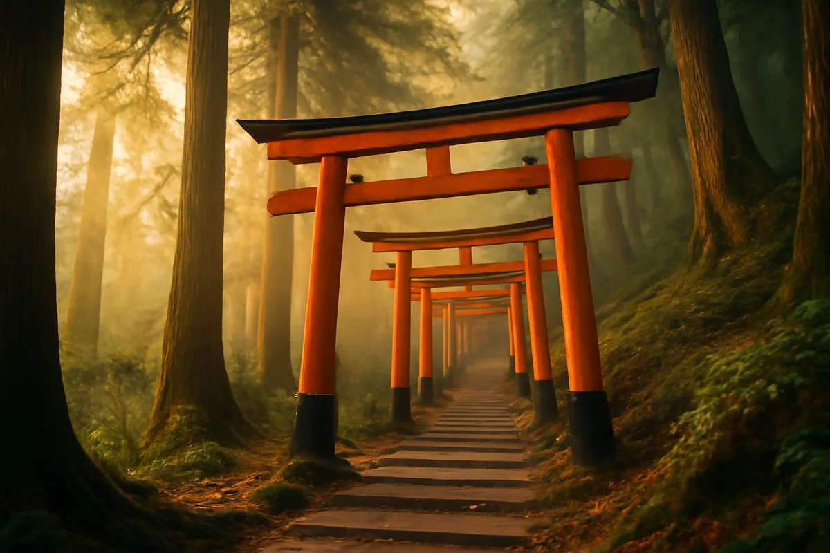 A serene pathway of traditional red torii gates winding through a misty forested mountain in Japan, bathed in soft golden morning light