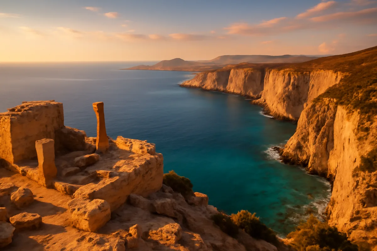 Panoramic view of Cyprus coastline featuring ancient ruins on limestone cliffs overlooking crystal-clear turquoise Mediterranean waters at golden hour