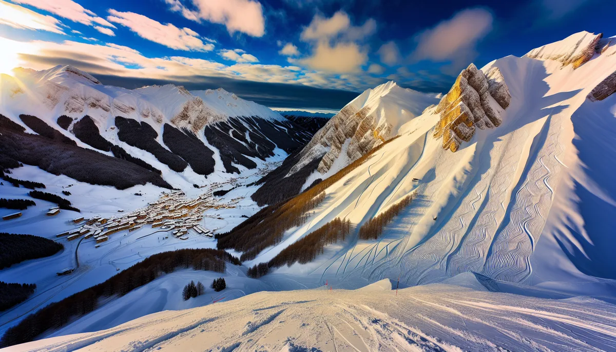 Breathtaking winter mountain landscape with snow-covered Alpine peaks, ski slopes, and a charming village in the valley below under golden hour lighting