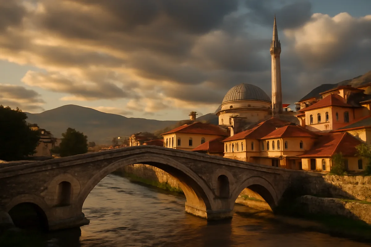 Historic stone bridge crossing a river in Pristina, Kosovo, with traditional Ottoman architecture and red-tiled roofs in the background under a dramatic sky