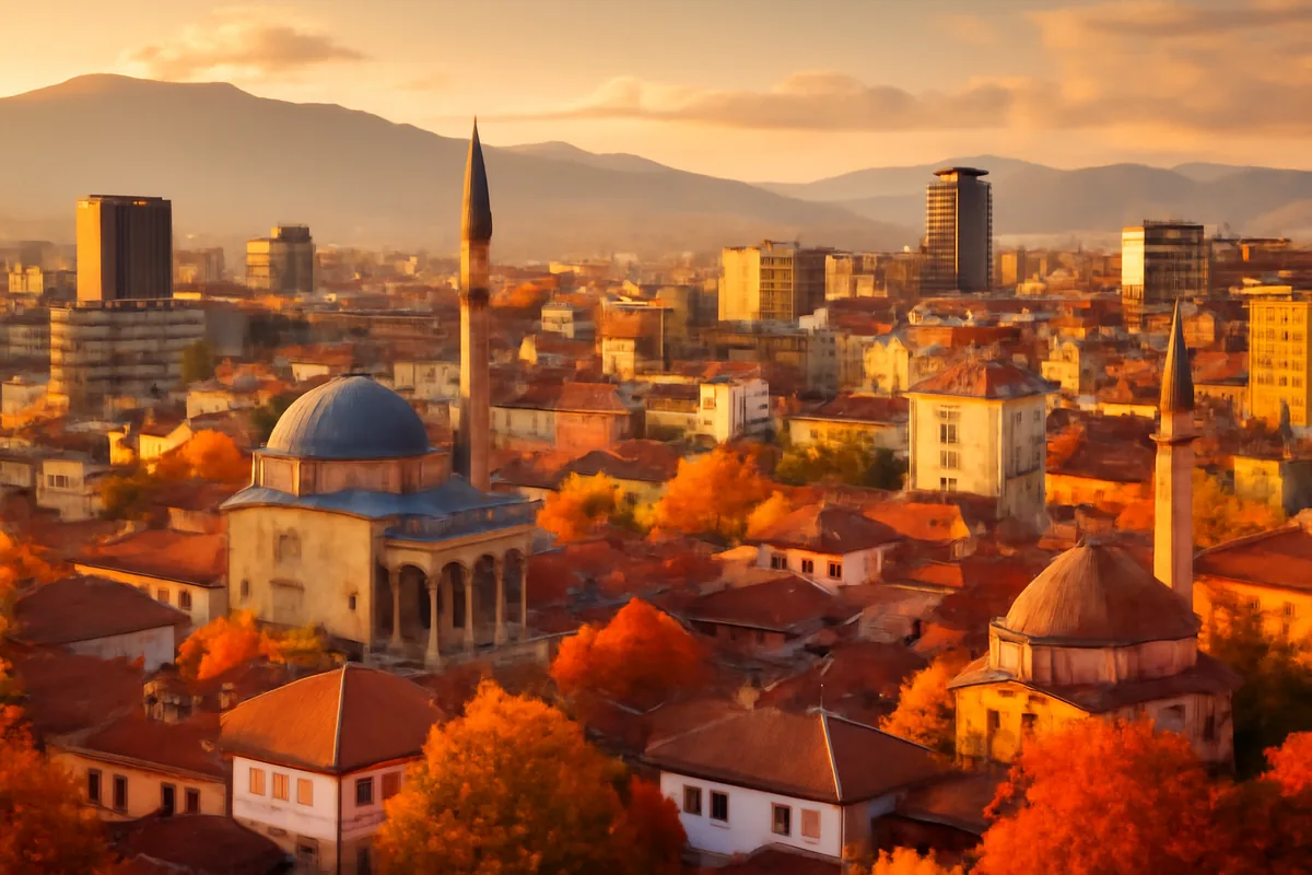Panoramic view of Pristina, Kosovo showing a mix of traditional and modern architecture with mountains in the background during golden hour