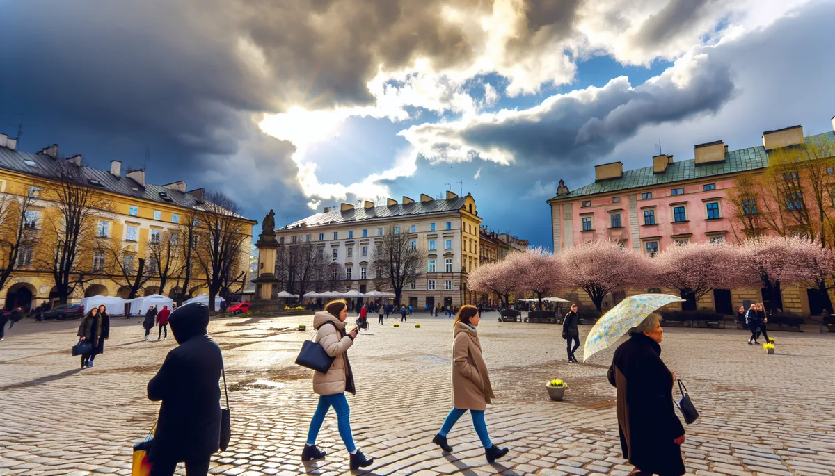 European city square in March with historic buildings, blooming spring trees, and dramatic cloudy sky showing changing weather conditions