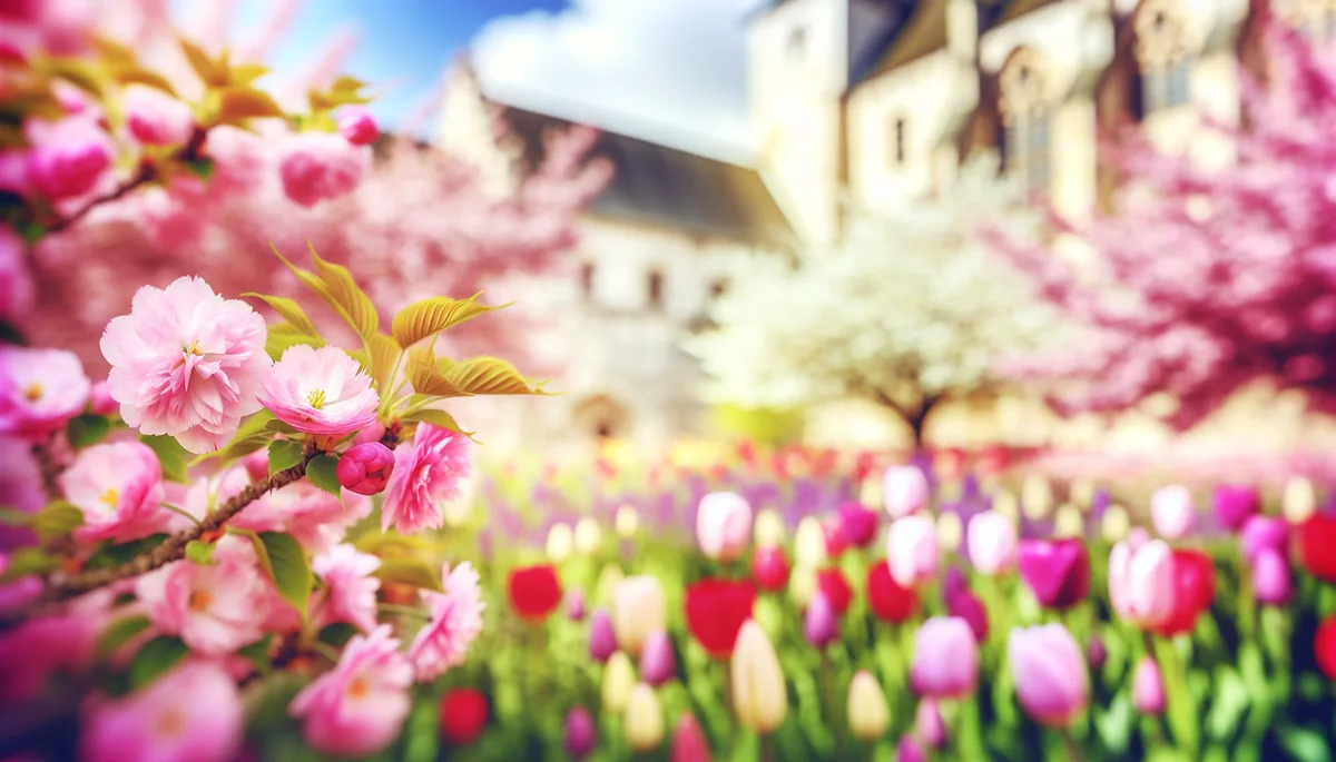 Beautiful spring scene with blooming cherry blossoms and colorful tulips in a European garden setting with historic architecture