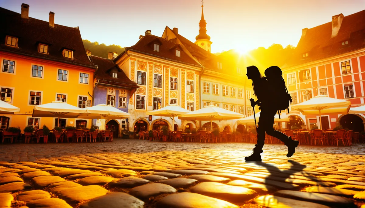 Silhouette of a young traveler with backpack walking through a charming European town square with colorful historic buildings during golden hour