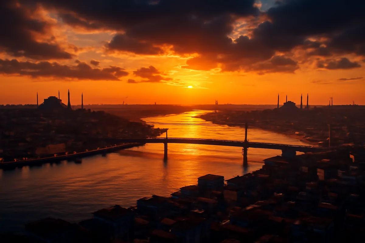 Aerial panoramic view of Istanbul at golden hour, with the Bosphorus strait separating two continents, mosques and bridges visible against a warm orange and blue sky