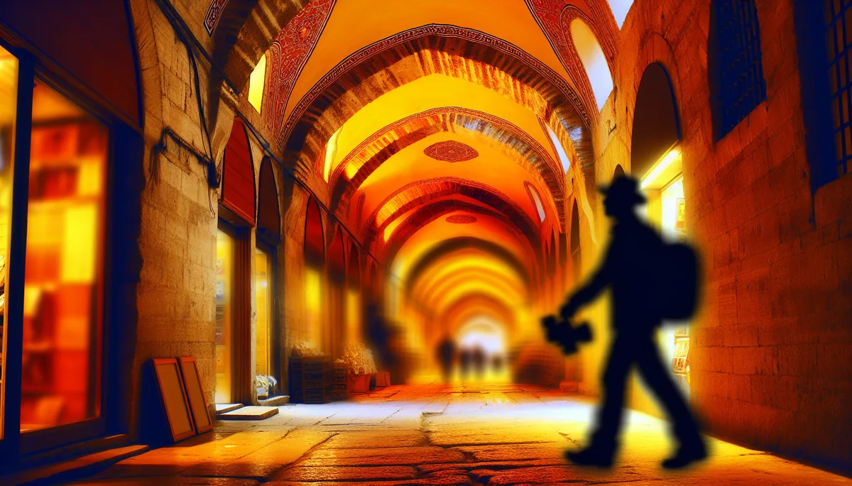 Silhouette of a person walking through the historic arched corridors of Istanbul's Grand Bazaar with warm golden lighting
