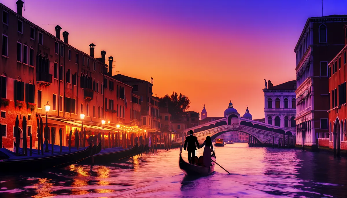 Romantic silhouettes of a couple walking hand in hand along a Venice canal at sunset, with gondolas and historic buildings reflecting in the water