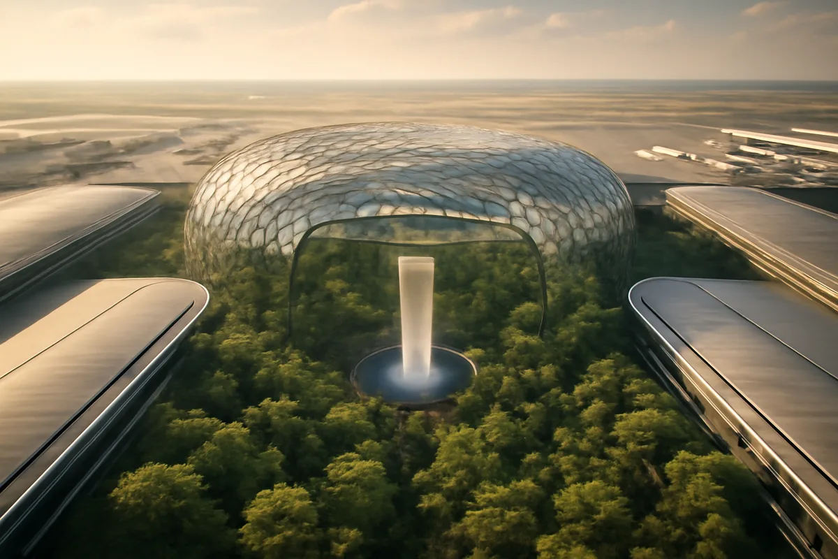 Aerial view of Singapore Changi Airport's iconic glass terminal building surrounded by tropical greenery, with the famous Jewel atrium visible, bathed in warm golden daylight