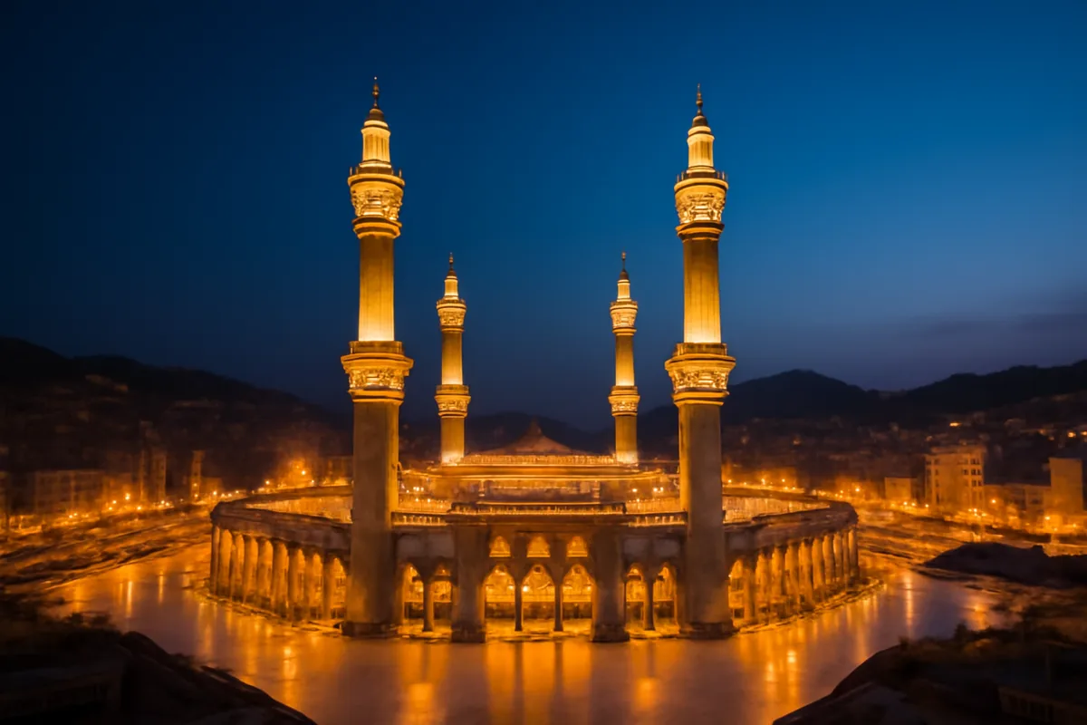 A breathtaking twilight view of the Grand Mosque in Mecca, Saudi Arabia, with illuminated golden minarets rising against a deep blue evening sky surrounded by the glowing city below.