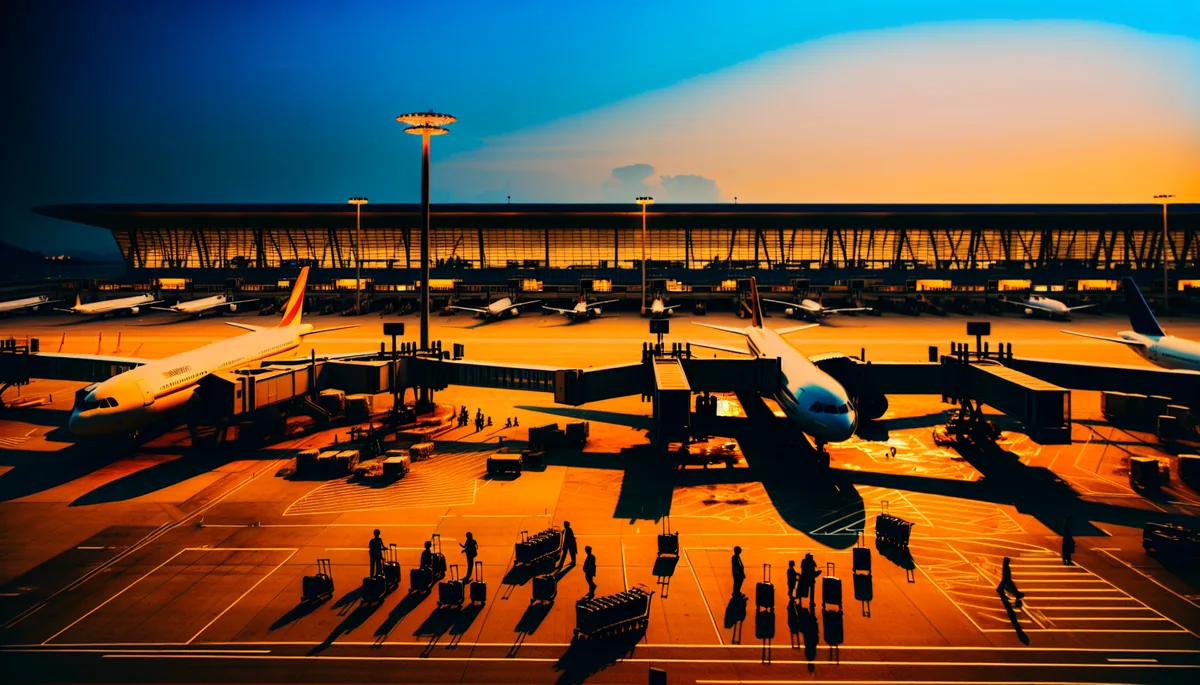 Turkish Airlines aircraft at an international airport terminal during golden hour, with travelers silhouettes and departure gates visible in the background