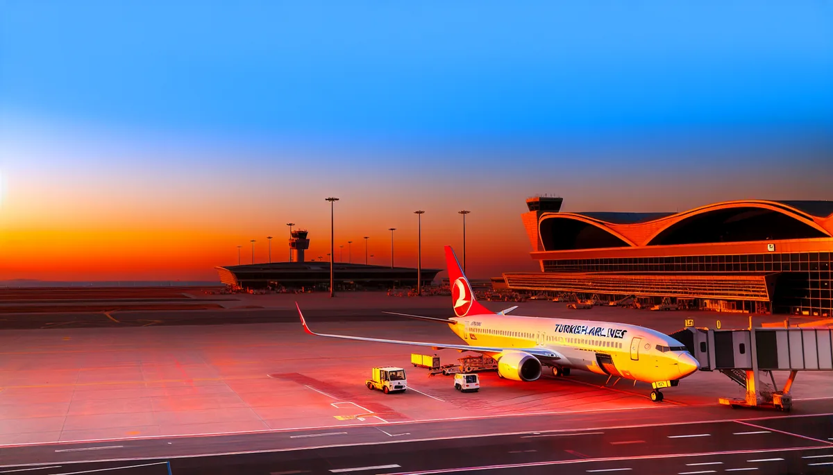 Turkish Airlines aircraft at Istanbul Airport during sunset with modern terminal building in the background