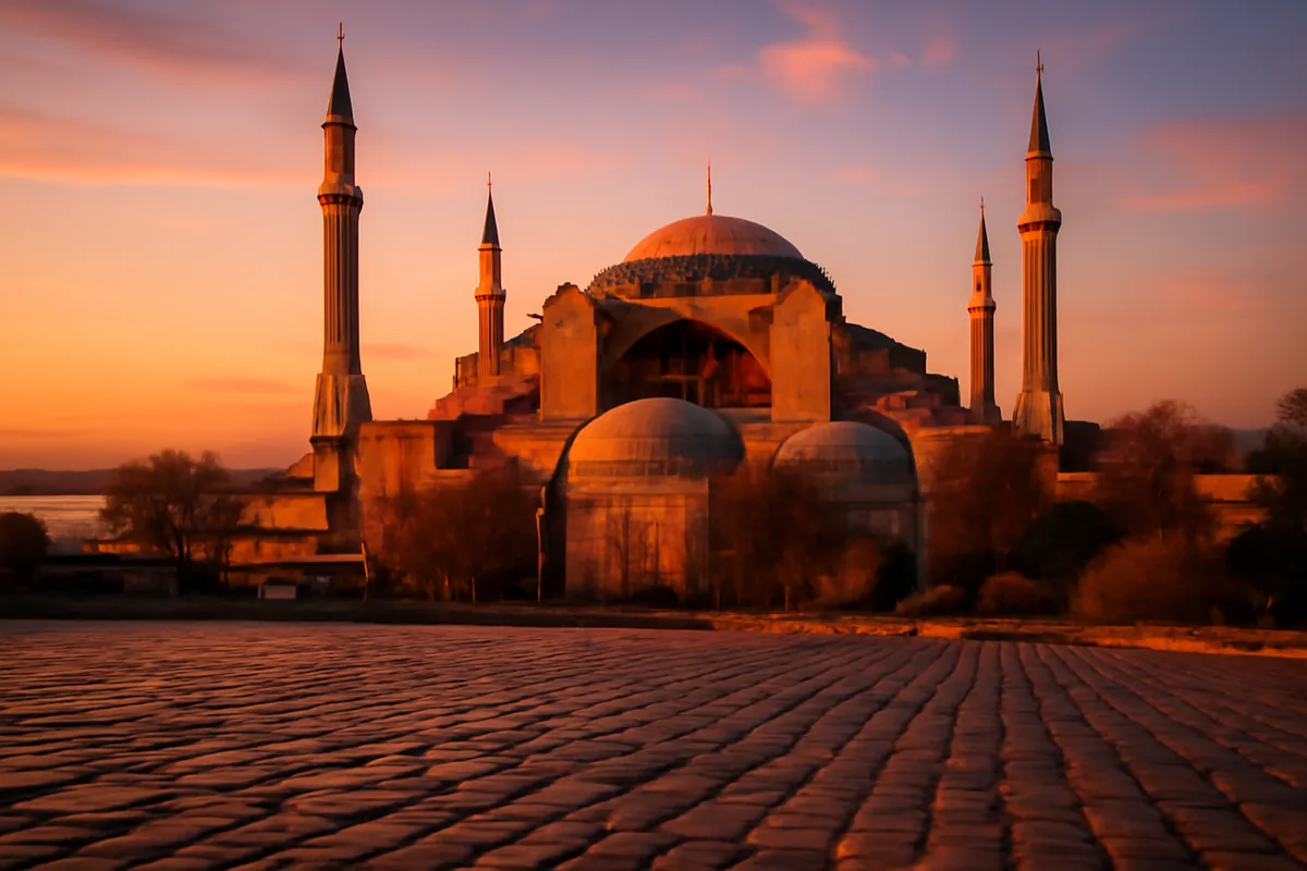 The Hagia Sophia mosque in Istanbul, Turkey, bathed in golden sunset light with the Bosphorus strait visible in the background and cobblestone foreground