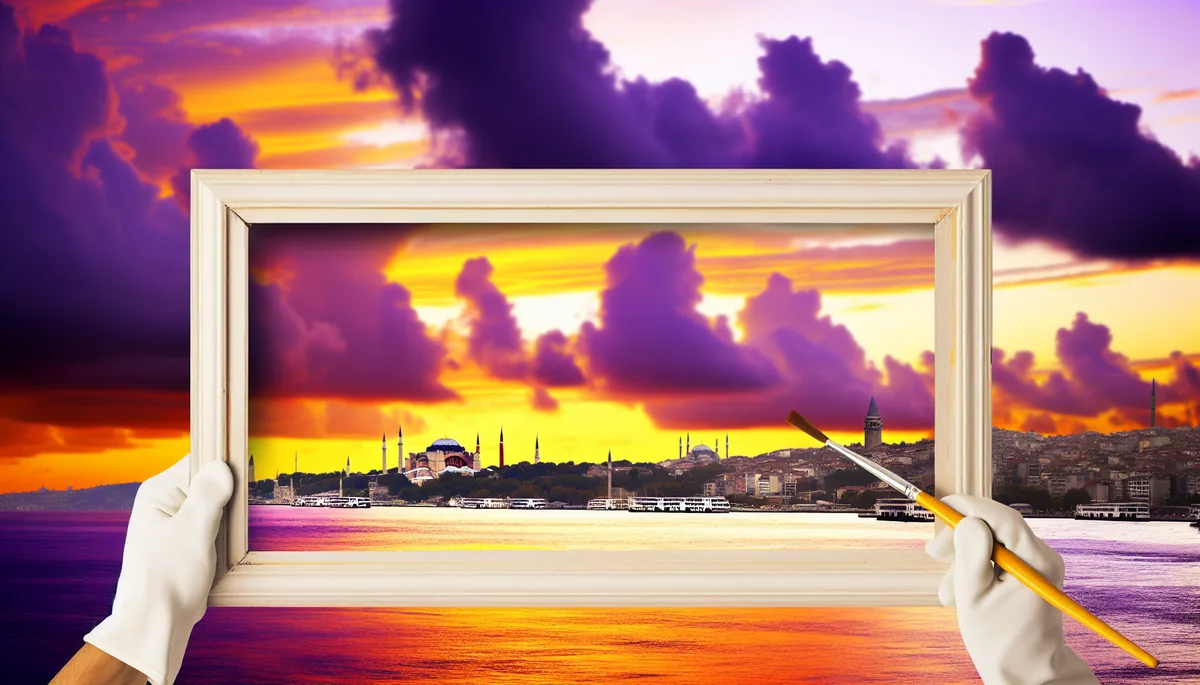 Istanbul skyline at sunset showing historic mosques and minarets along the Bosphorus strait with golden reflections on the water