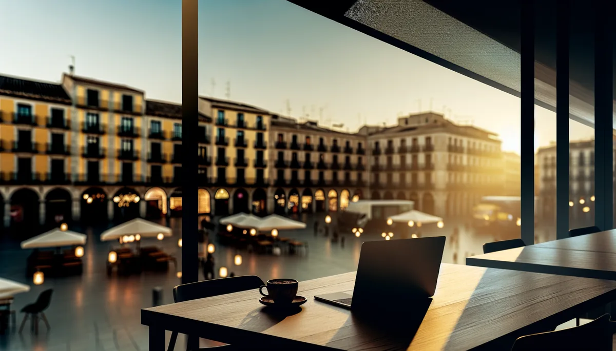 Silhouette of person working at outdoor cafe table with city view during golden hour