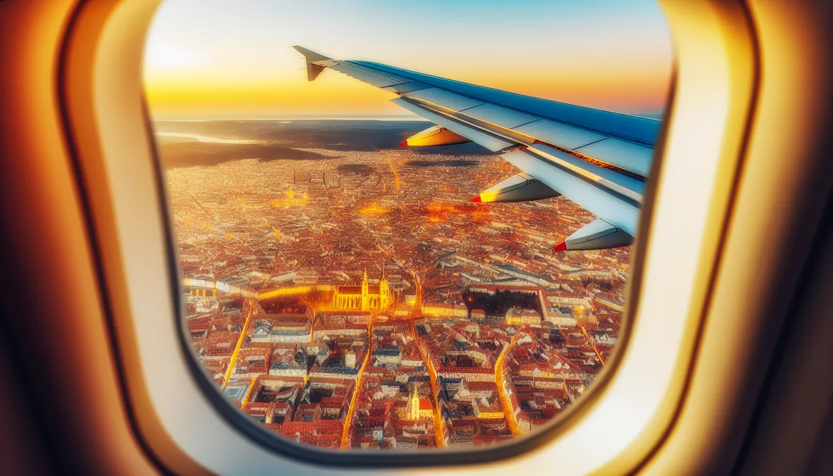 Aerial view from airplane window showing European city landscape during golden hour with warm lighting